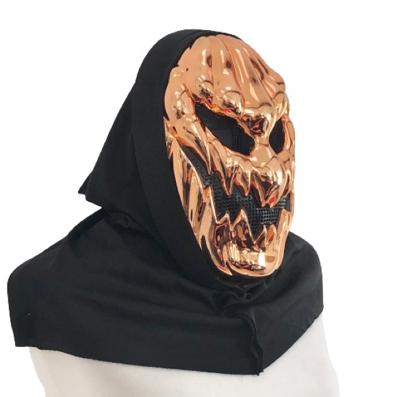 Halloween Scary Jack-O-Lantern Mask Metallic Orange Pumpkin Skull Hodded Costume - Picture 2 of 7